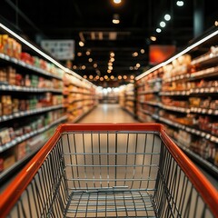Shopping cart in supermarket. Supermarket blur background with bokeh. --profile 773ghdn.