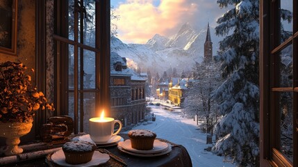 Obraz premium Cozy winter window view of snowy mountain village