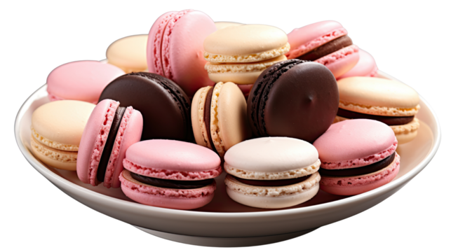 Colorful assorted macarons in a white bowl with chocolate and cream filling in vibrant 3d rendering style isolated on black background