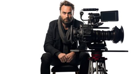 Professional cinematographer sitting beside a high-end video camera on tripod in studio setup isolated on black background