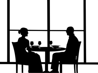 A silhouette of a couple dining in silence at a round table by a large window.
The window casts soft gray light across the scene. The woman’s bun and the man’s bald head are distinct in profile. The t