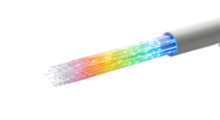 Fiber optic cable with rainbow light isolated on transparent background