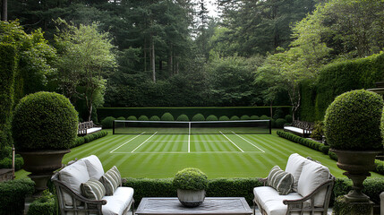 Outdoor tennis court in elegant garden setting