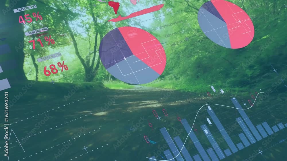 Poster forward-moving camera entering forest starting hud overlays shifting charts visualizing metrics