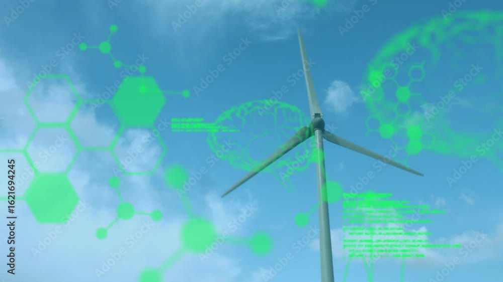 Aufkleber green hexagonal overlay fading in over wind turbine before blades rotating for real time monitoring