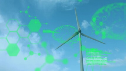 Green hexagonal overlay fading in over wind turbine before blades rotating for real time monitoring - Powered by Adobe
