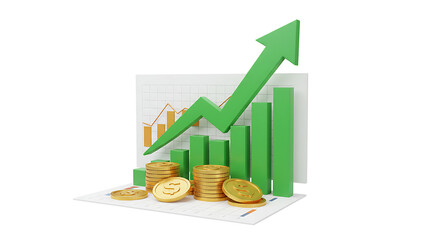 3D illustration of a financial growth concept with a rising green arrow over a bar chart and gold coins, symbolizing profit and investment success.