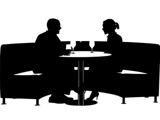 A side silhouette view of a man and woman eating at a booth in a restaurant.
The table is rounded at the edges, with a light-gray top and wine glasses on it. The woman is closer to the viewer, her bun