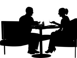 A side silhouette view of a man and woman eating at a booth in a restaurant.
The table is rounded at the edges, with a light-gray top and wine glasses on it. The woman is closer to the viewer, her bun