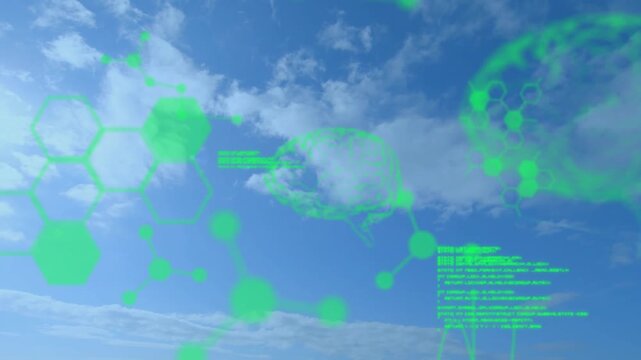 Pulsing nodes dimming hex grid, rotating network diagram and scrolling code upward revealing data