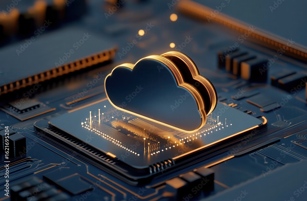 Poster 3d illustration of a glowing blue cloud icon floating on top of an electronic circuit board, symboli