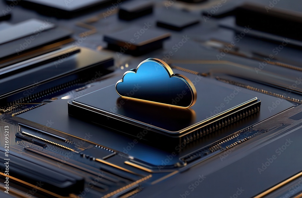 Poster 3d illustration of a glowing blue cloud icon floating on top of an electronic circuit board, symboli