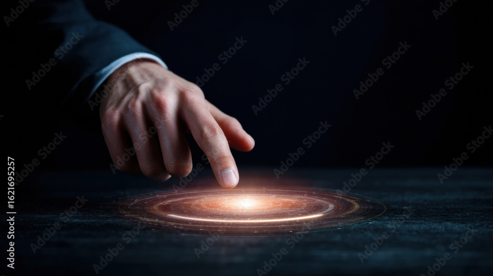 Poster hand reaching towards a glowing point, symbolizing innovation and connection with technology or the 