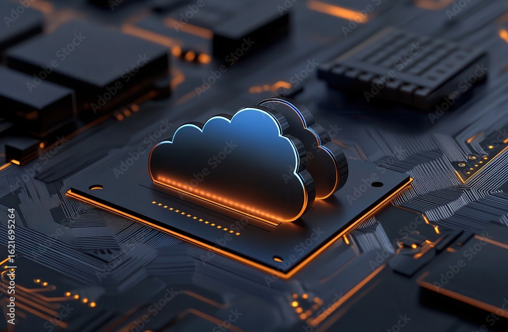 Poster digital blue glowing cloud icon on the circuit board background with a bokeh effect, a technology co