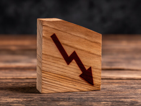 wooden block featuring a downward arrow symbol, representing decline or loss, set against a dark, blurred background.