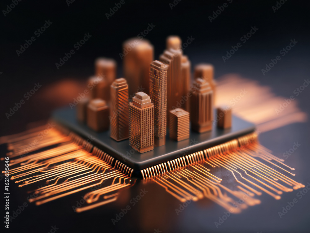 Poster futuristic cityscape is depicted on a microchip, blending urban architecture with technology, symbol
