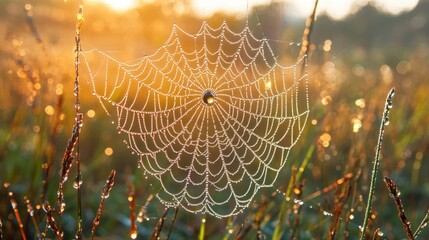 Dewy spider web glistening in morning sunlight