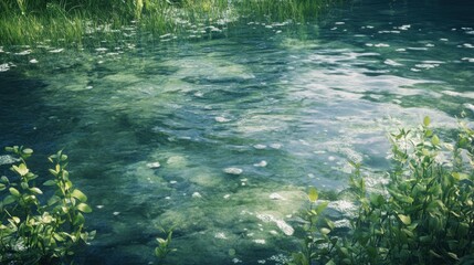 Crystal clear spring water flowing through lush greenery