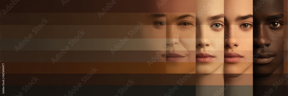 Poster diversity of skin tones arranged in horizontal stripes illuminated from above with a lower third fre