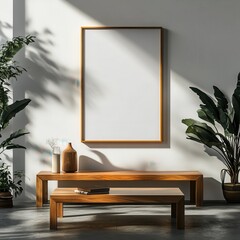 Minimal wooden picture poster frame mockup on white wallpaper.