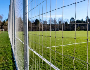 Fototapeta premium Soccer field viewed through a metal fence