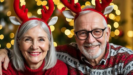 Happy senior couple wearing funny Christmas hats and smiling in front of blurred Christmas tree lights