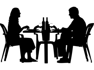 Silhouette of a man and woman seated at a square restaurant table.
The woman is on the left and the man on the right, both in profile. The atmosphere remains informal, with plastic chairs and a neutra