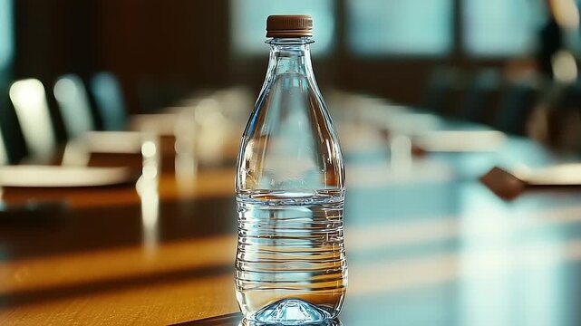 Clear plastic water bottle on a table