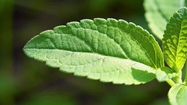 Detailed Close Up of Vibrant Green Stevia Rebaudiana Leaf Exhibiting Fine Textures in Natural Light Promoting Healthy Lifestyle and Natural Sweetener Uses for Decoration and Educational Purposes