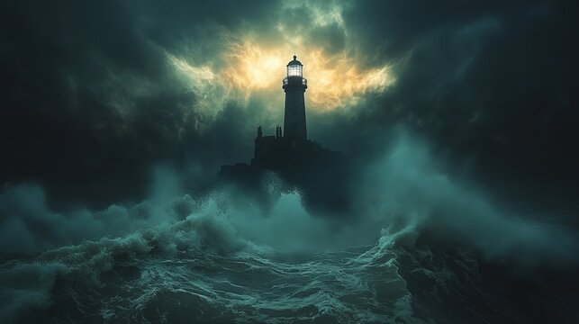 Dramatic lighthouse amidst stormy seas and dark skies - Powered by Adobe