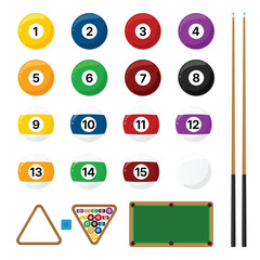 Billiard Equipment and Pool Balls Vector Set