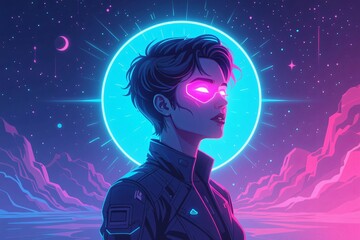 Neon Vision: A futuristic portrayal of an individual gazing out over an astral plane, bathed in the radiant glow of neon illumination and celestial aura. 