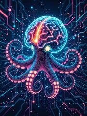 Brain-Octopus Fusion: An artistic depiction of an octopus-brain hybrid, symbolizing intelligence and the future of technology, set against a futuristic, digital background.