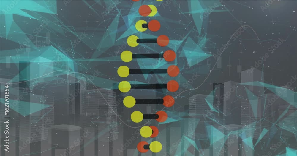 Fototapete 3d dna helix emerging rotating and undulating with skyline and pulsing network visualizing genes