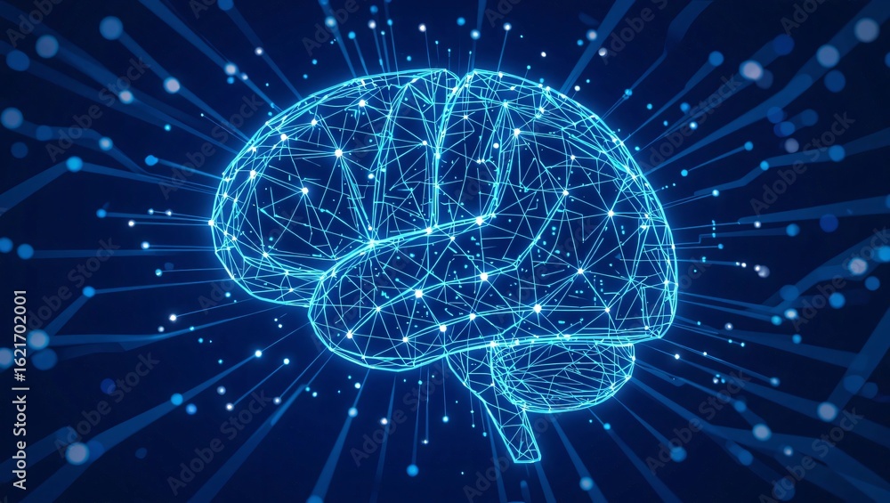 Poster brain with connectivity: a captivating digital illustration of a brain, intricately overlaid with a 