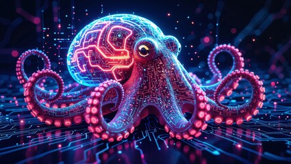 Digital Octopus: A stunning digital depiction of an octopus, where the animal's form is intricately woven with glowing lines, creating a vibrant fusion of nature and technology.
