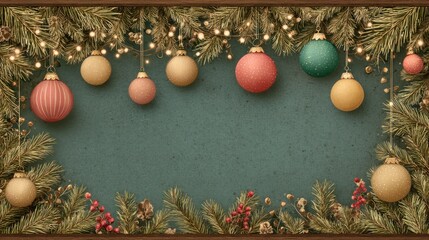 Festive holiday image with hanging ornaments, evergreen boughs, and fairy lights against a green backdrop