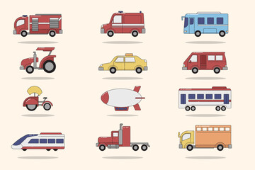 Editable Vector Set of Transportation Icons. Fire Truck, Tractor, Taxi, Bus, Bicycle Rickshaw, Airship, Train, Semi Truck, and Delivery Van