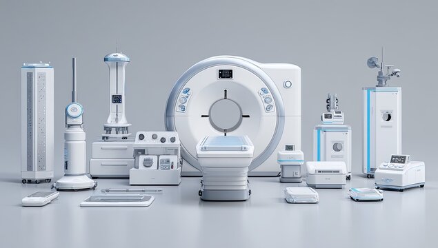 Modern medical equipment collection, various devices, futuristic design