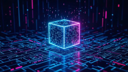 Illuminated Cube in Digital Realm: A captivating digital rendering of a radiant, futuristic cube, its luminous lines and intricate patterns glowing amidst a network of data pathways.