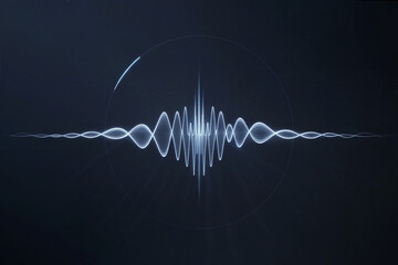 A digital audio wave form visualization against a dark blue-black background. The wave form is rendered in bright white and light blue colors, creating a symmetrical pattern of peaks and troughs.