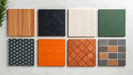 Variety of Tiles for interior design: Showcase a collection of intricately designed square tiles, each boasting a unique texture and pattern, perfect for inspiring interior design projects.