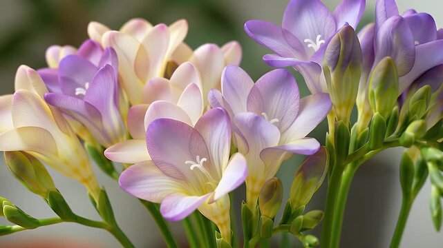 Elegant Freesia Refracta Macro Close-Up Displaying Vibrant Petals of Purple Lavender and White with Soft Lighting Highlighting Spring Freshness and Intricate Details for Decorative Floral Designs - Powered by Adobe