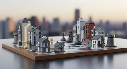 A chessboard with miniature houses and buildings as pieces, symbolizing the strategic game of real estate investment and urban development.