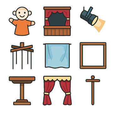 Curtain stage theater vector icon control spotlight rod backdrop puppet hand icons