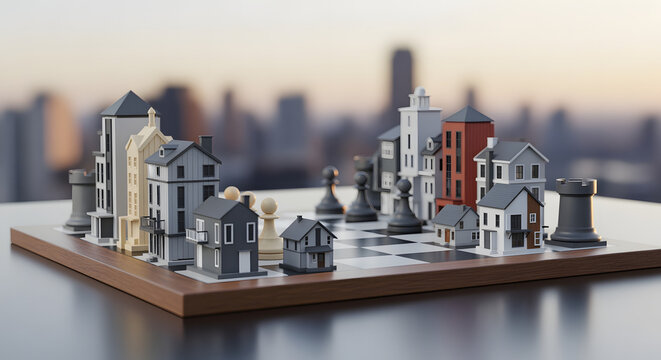 A chessboard with miniature houses and buildings as pieces, symbolizing the strategic game of real estate investment and urban development.