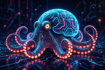 Digital Octopus with Brain: A mesmerizing digital artwork showcasing an octopus with its brain illuminated by neon circuits, symbolizing artificial intelligence, innovation.
