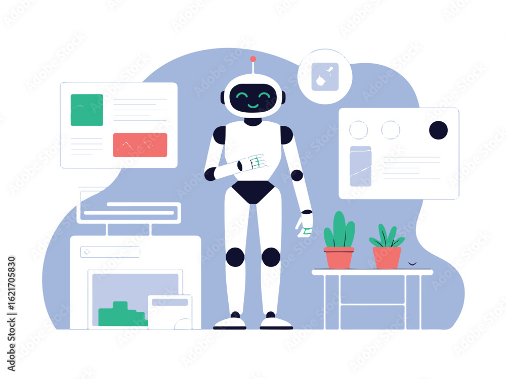 Aufkleber modern humanoid robot interacting with digital interfaces and data