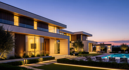 Fototapeta premium Elegant architectural design of a luxury home with ambient lighting, a pool, and a beautifully landscaped garden at twilight.