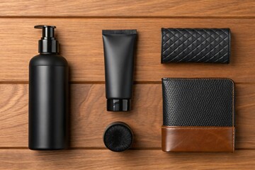 Elegant Essentials: A meticulously arranged display of sophisticated men's grooming and accessories, featuring sleek black packaging and leather elements. This composition exudes modern masculinity.